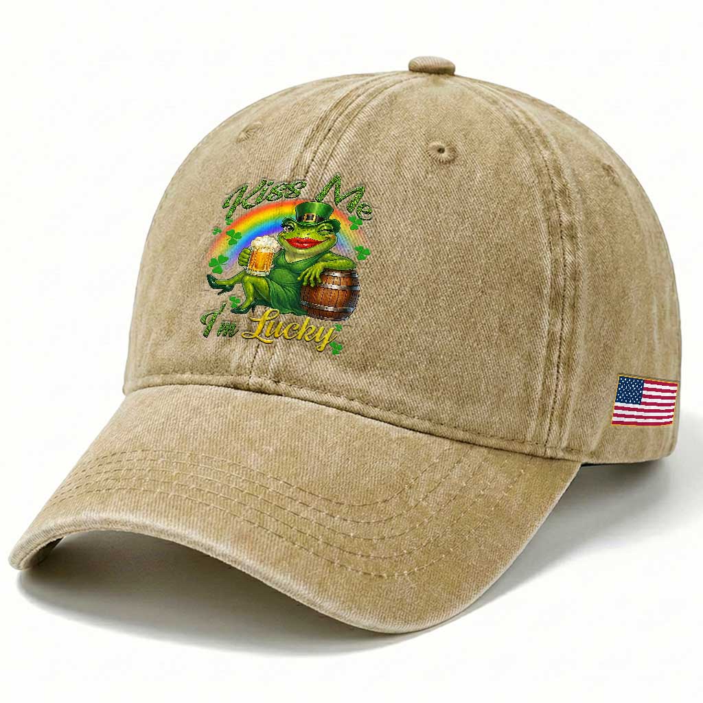 Funny Kiss Me I Am Lucky Washed Cotton Baseball Cap St Patricks Day Frog