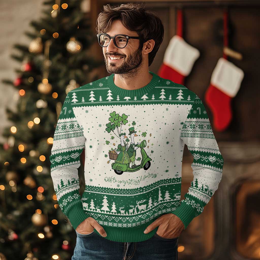 Funny Silly Irish Goose Ugly Christmas Sweater Off To Commit Irish Foolery