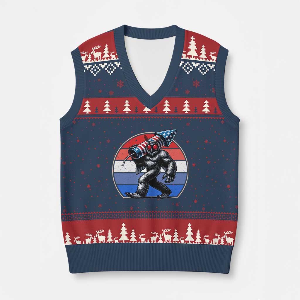 Funny Patriotic Mothman V-Neck Knit Sweater Vest West Virginia Cryptid Lover Gift