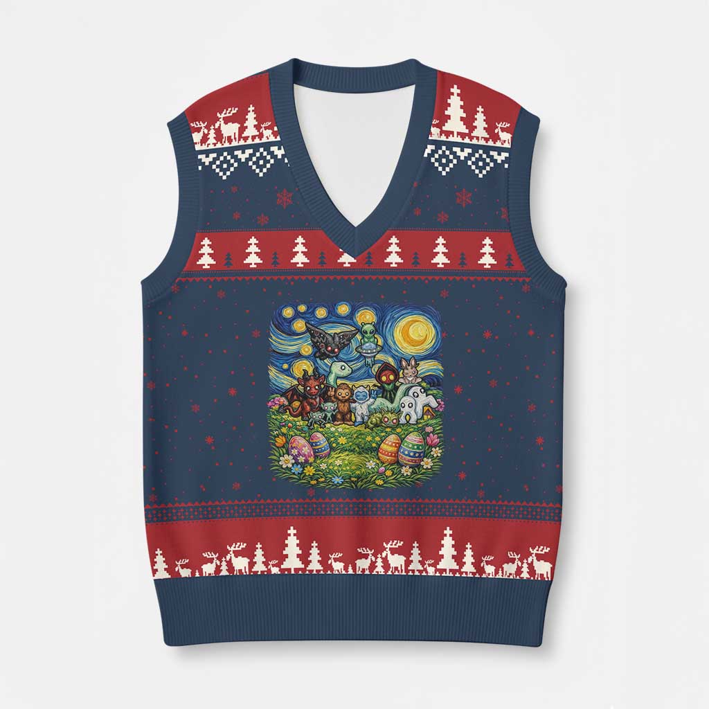 Funny Cryptid Starry Night Easter V-Neck Knit Sweater Vest Monster Lover Gift