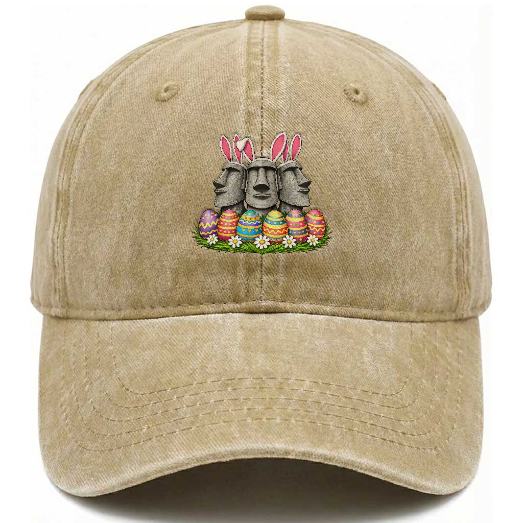 Easter Island Moai Bunny Ears Washed Cotton Baseball Cap Funny Archaeology Gift