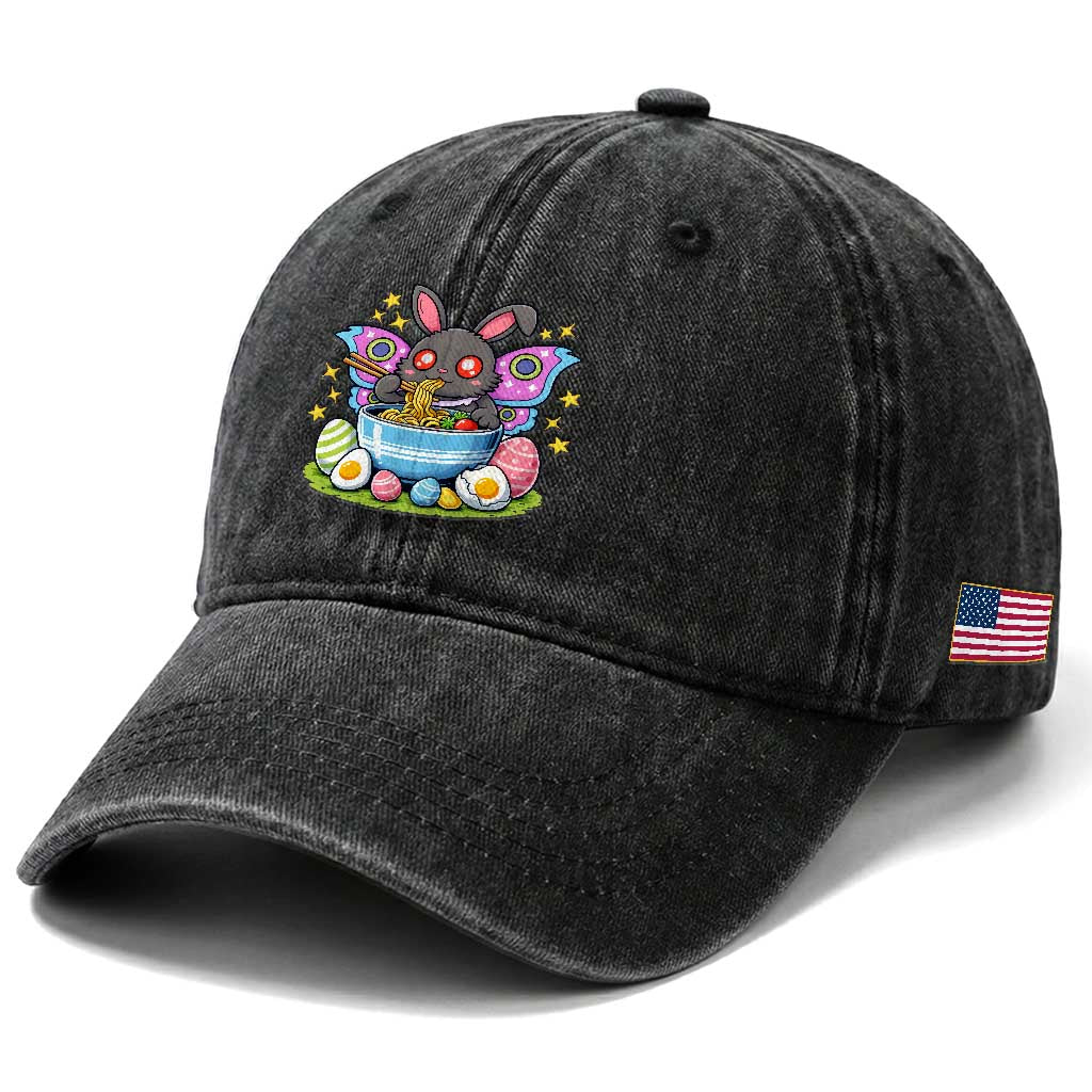 Funny Easter Mothman Eating Ramen Washed Cotton Baseball Cap Cryptid Lover Gift