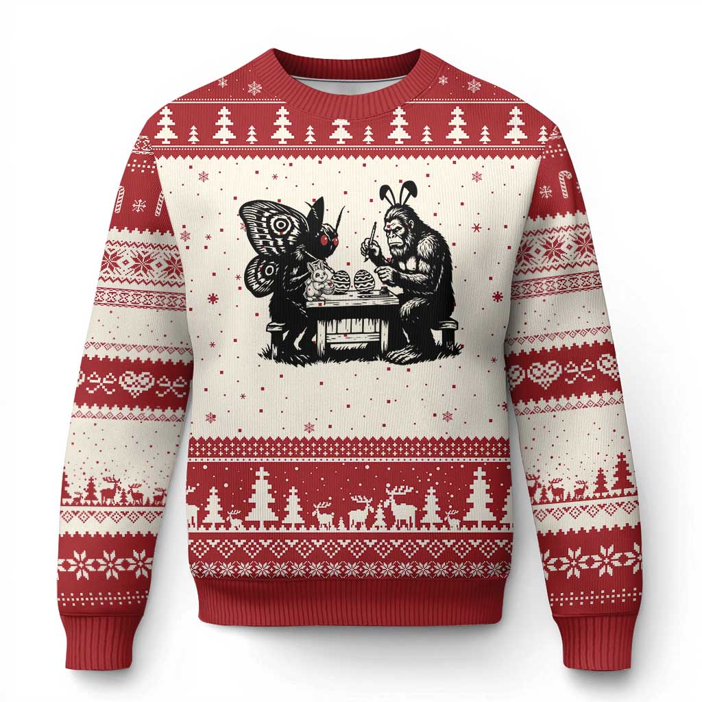 Funny Bigfoot And Mothman Egg Painting Ugly Christmas Sweater Cryptid Easter Gift