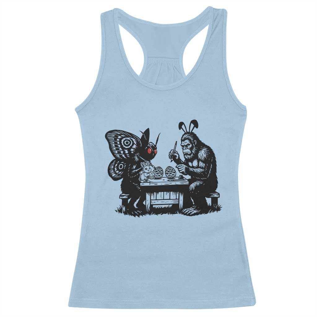 Funny Bigfoot And Mothman Egg Painting Racerback Tank Top Cryptid Easter Gift