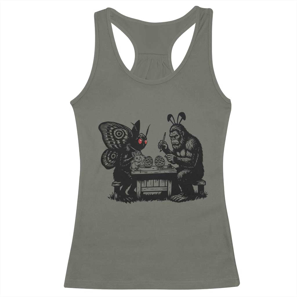 Funny Bigfoot And Mothman Egg Painting Racerback Tank Top Cryptid Easter Gift