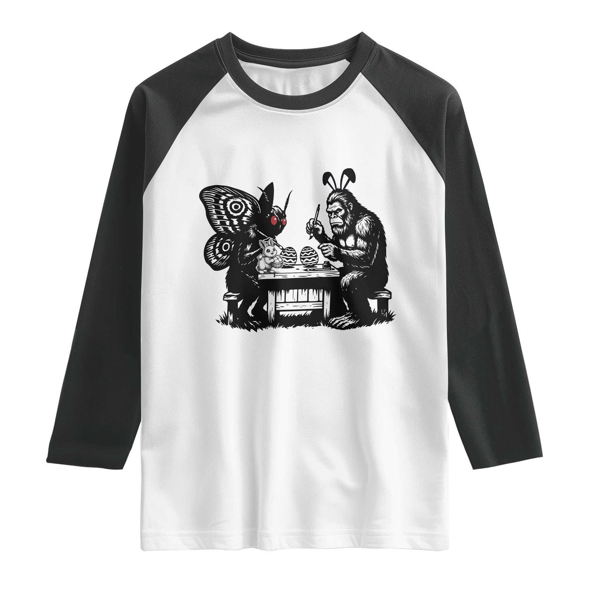 Funny Bigfoot And Mothman Egg Painting Raglan Shirt Cryptid Easter Gift