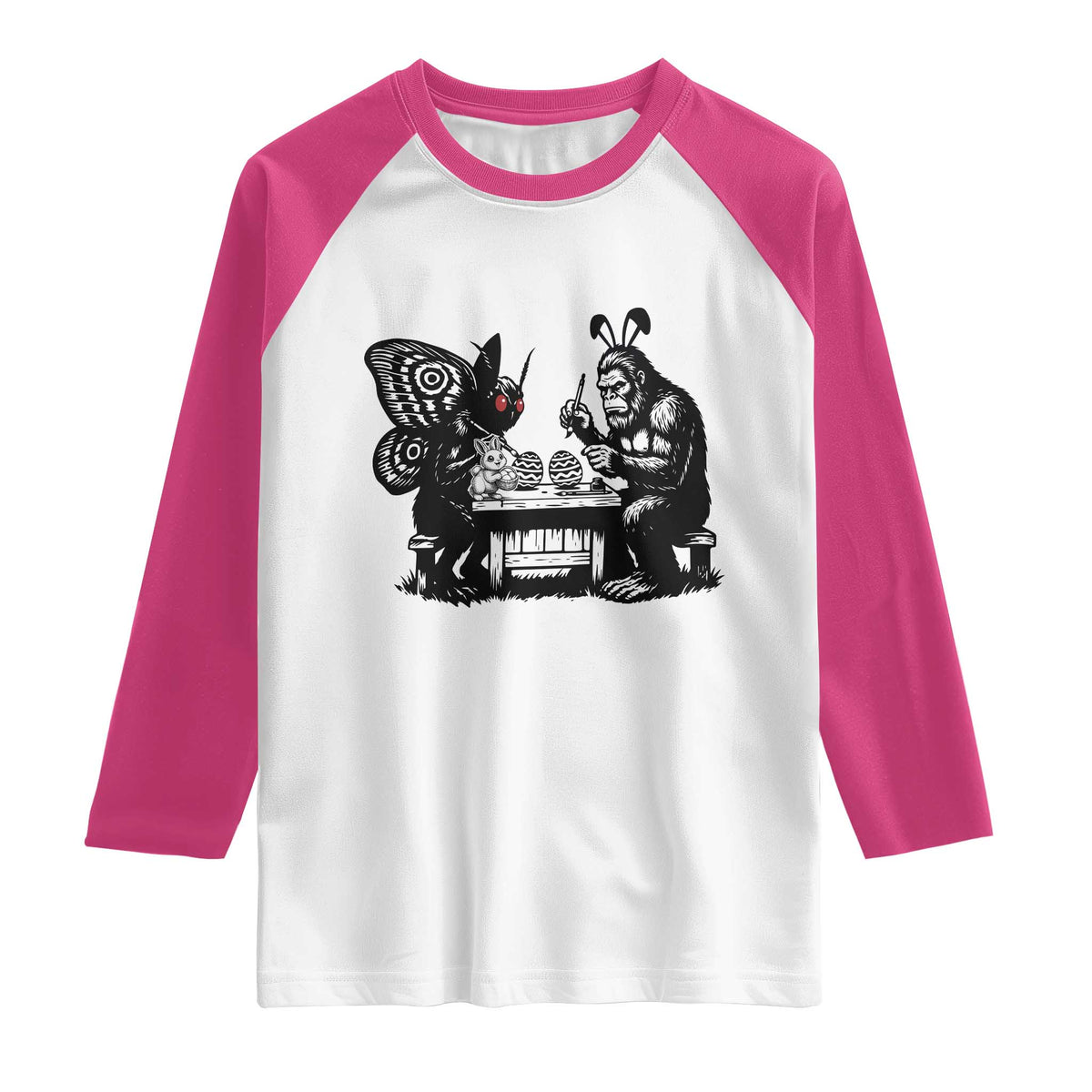 Funny Bigfoot And Mothman Egg Painting Raglan Shirt Cryptid Easter Gift