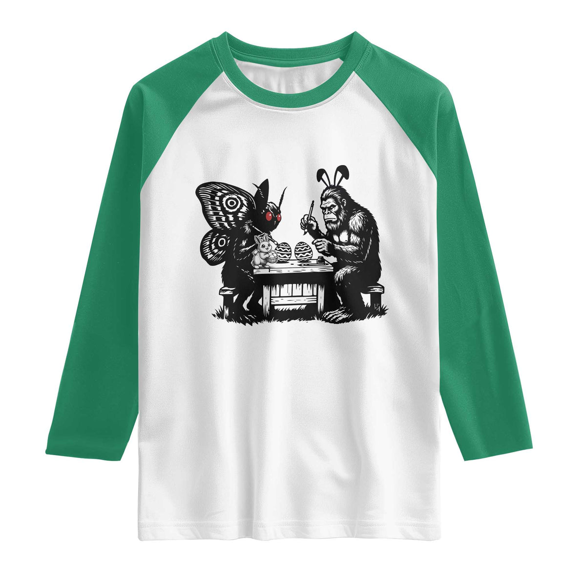 Funny Bigfoot And Mothman Egg Painting Raglan Shirt Cryptid Easter Gift