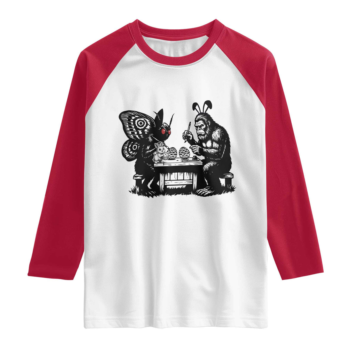 Funny Bigfoot And Mothman Egg Painting Raglan Shirt Cryptid Easter Gift