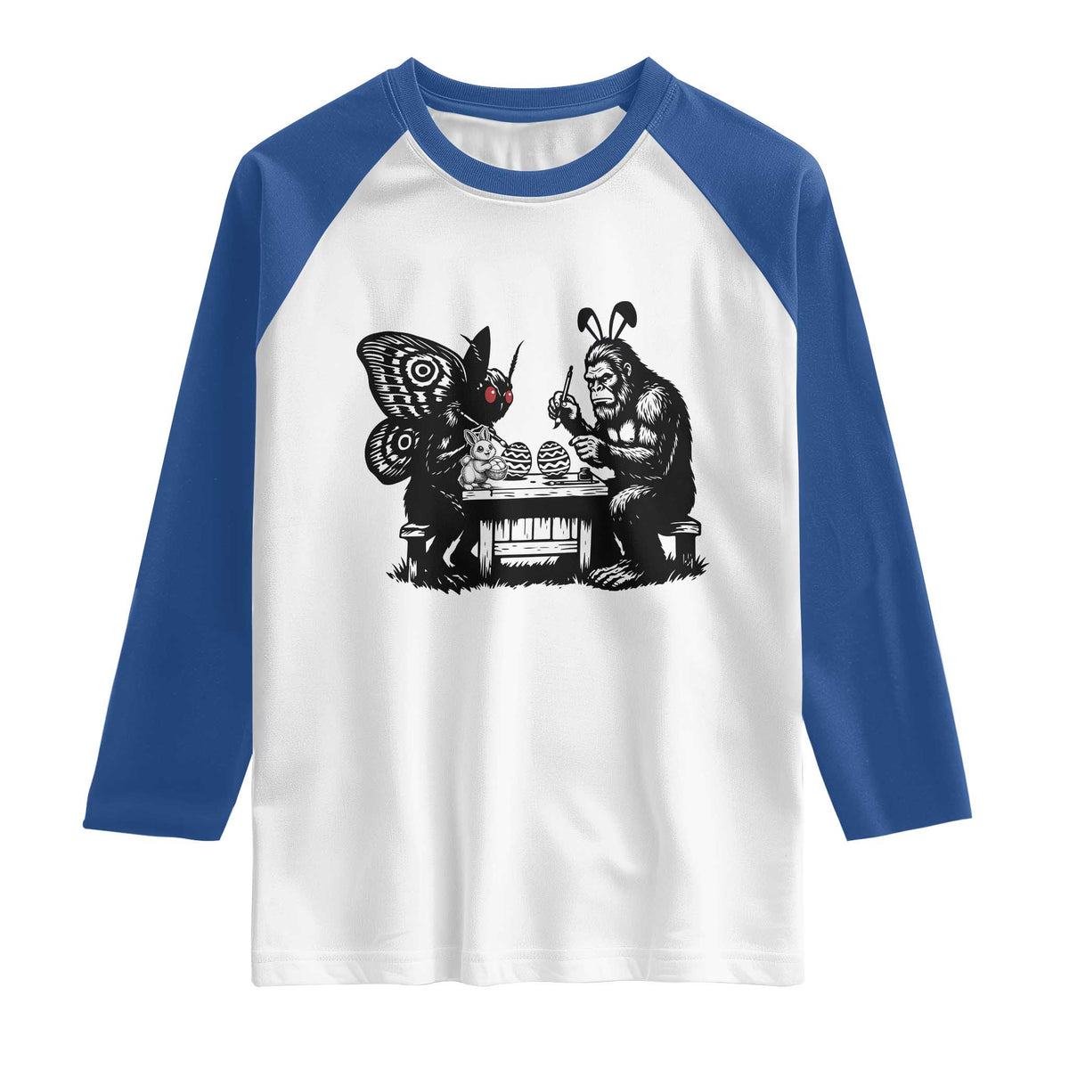 Funny Bigfoot And Mothman Egg Painting Raglan Shirt Cryptid Easter Gift
