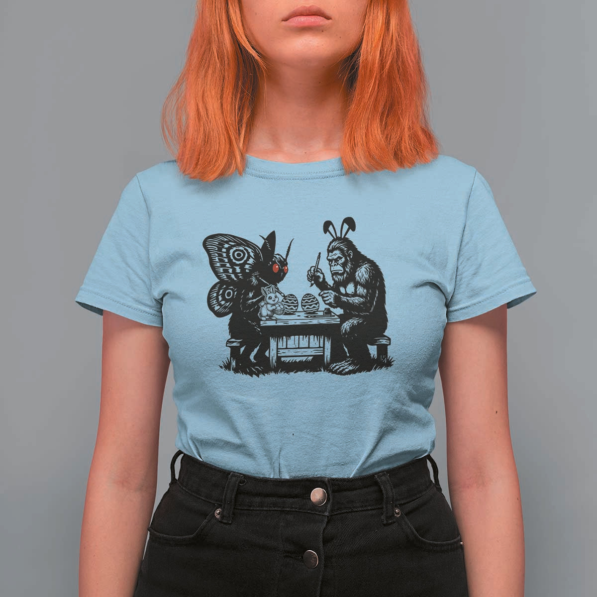 Funny Bigfoot And Mothman Egg Painting T Shirt For Women Cryptid Easter Gift