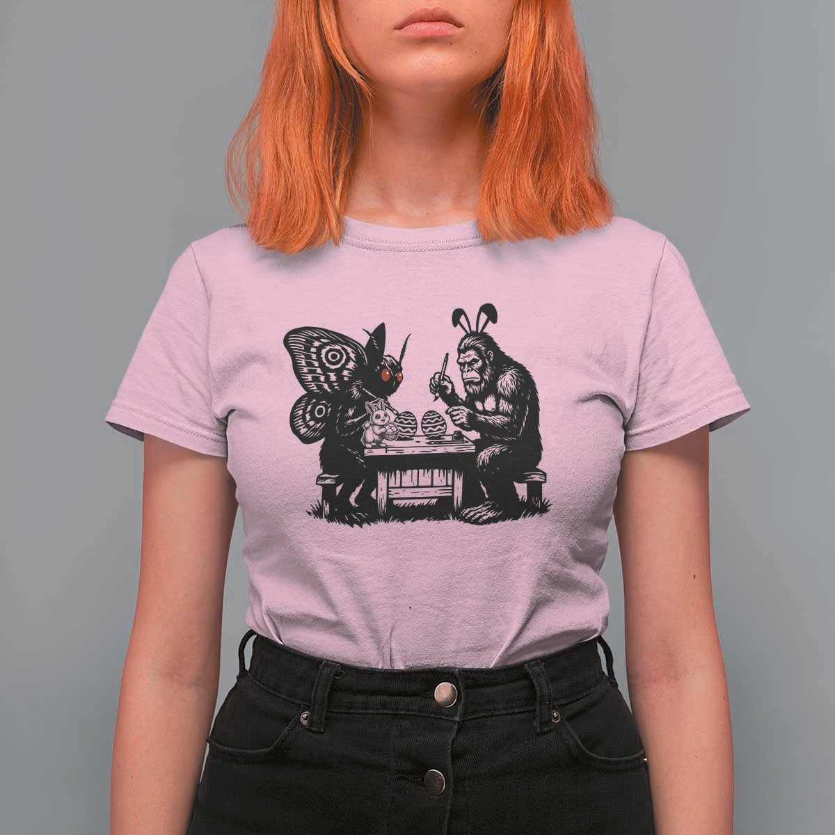 Funny Bigfoot And Mothman Egg Painting T Shirt For Women Cryptid Easter Gift