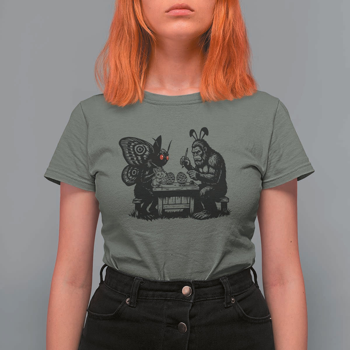 Funny Bigfoot And Mothman Egg Painting T Shirt For Women Cryptid Easter Gift