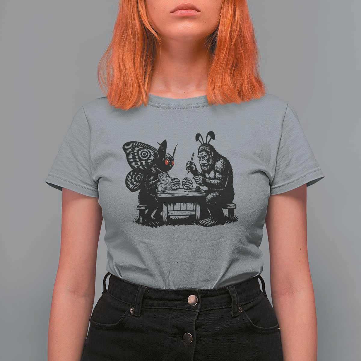Funny Bigfoot And Mothman Egg Painting T Shirt For Women Cryptid Easter Gift