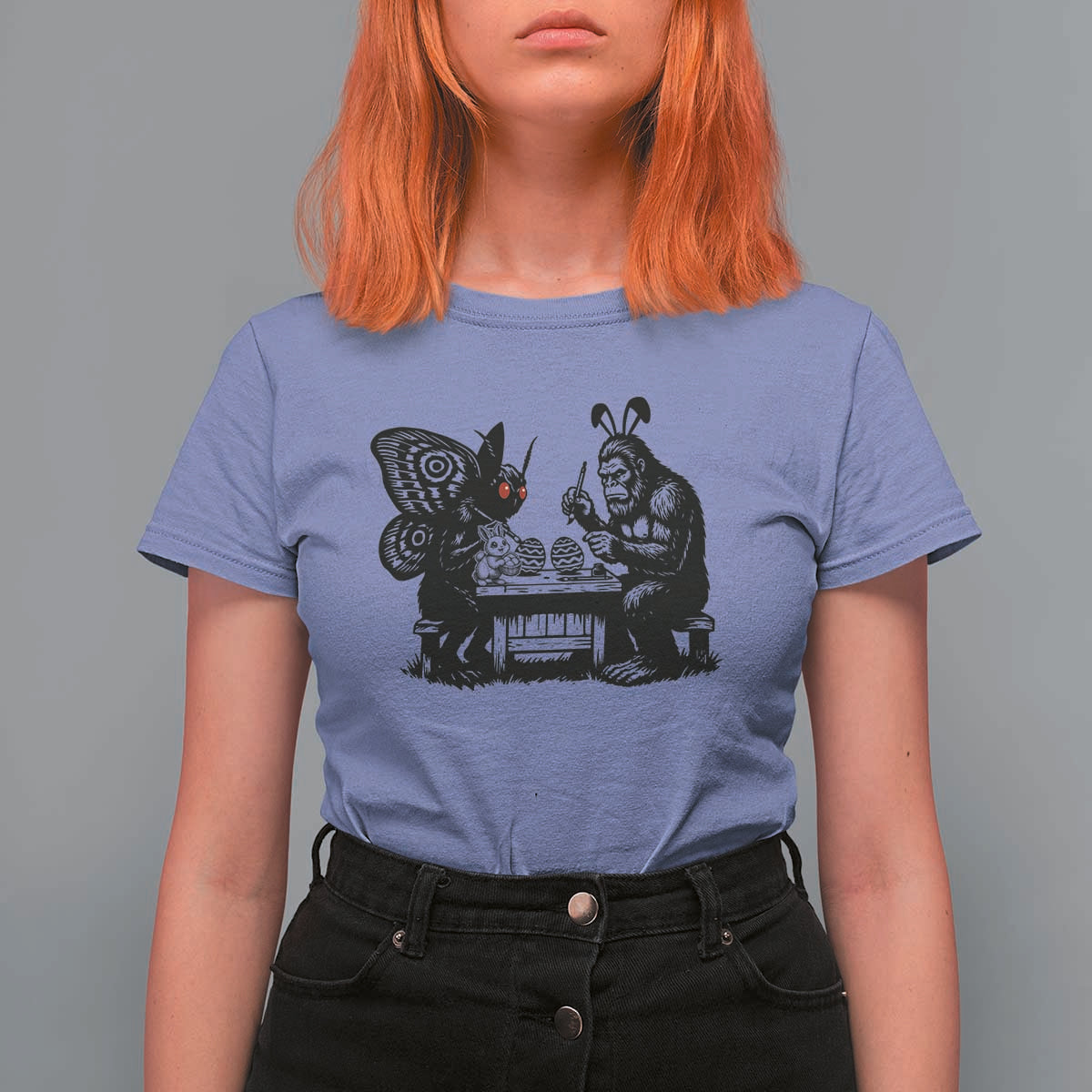 Funny Bigfoot And Mothman Egg Painting T Shirt For Women Cryptid Easter Gift