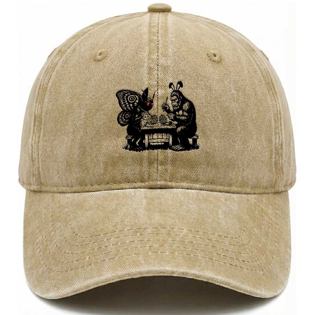 Funny Bigfoot And Mothman Egg Painting Washed Cotton Baseball Cap Cryptid Easter Gift
