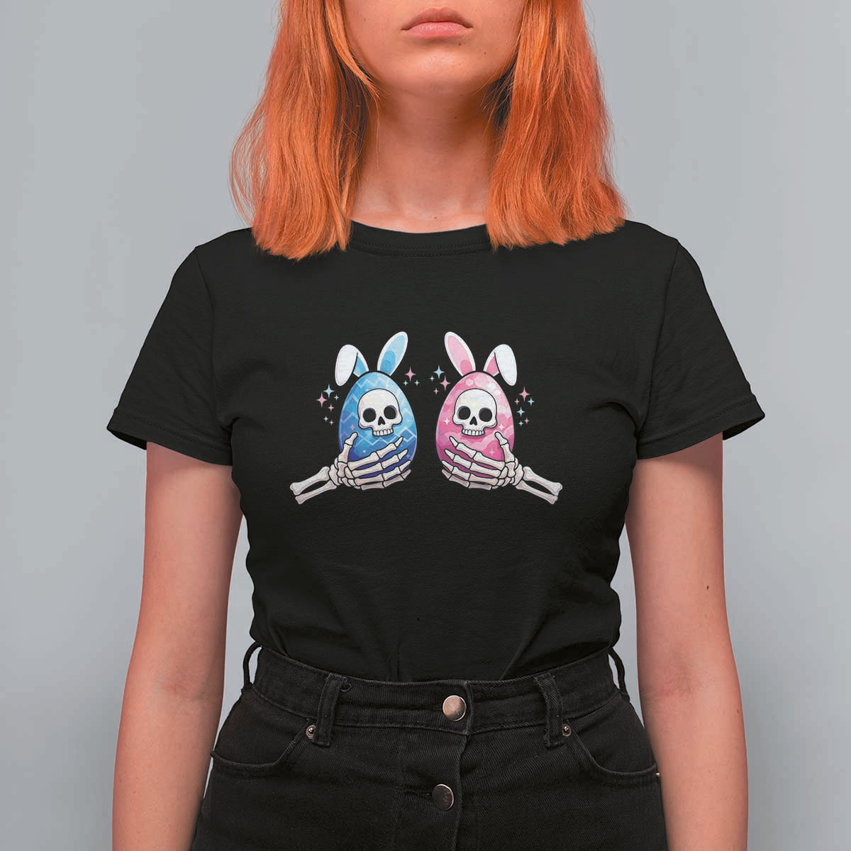 Gothic Easter Gift T Shirt For Women Skeleton Hands Holding Easter Eggs