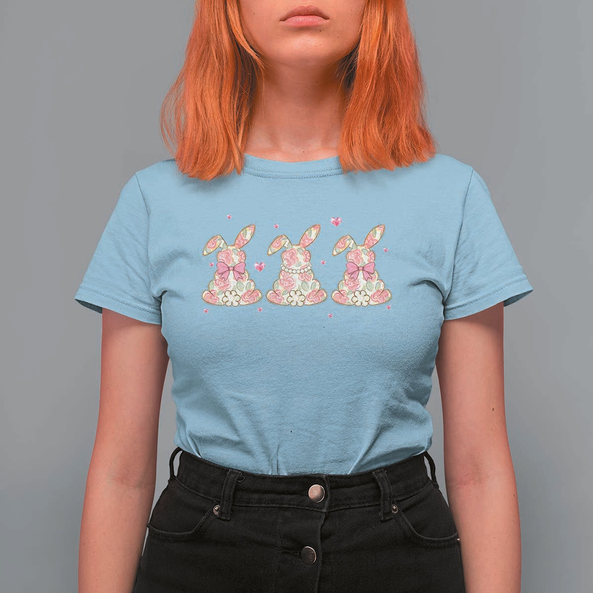 Floral Bunny Easter T Shirt For Women Shabby Chic Rose Pattern