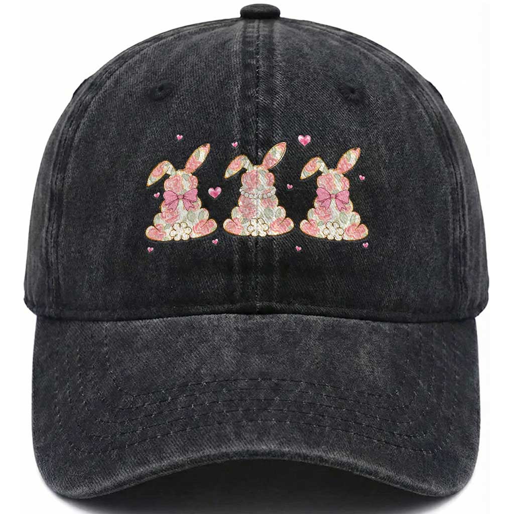 Floral Bunny Easter Washed Cotton Baseball Cap Shabby Chic Rose Pattern