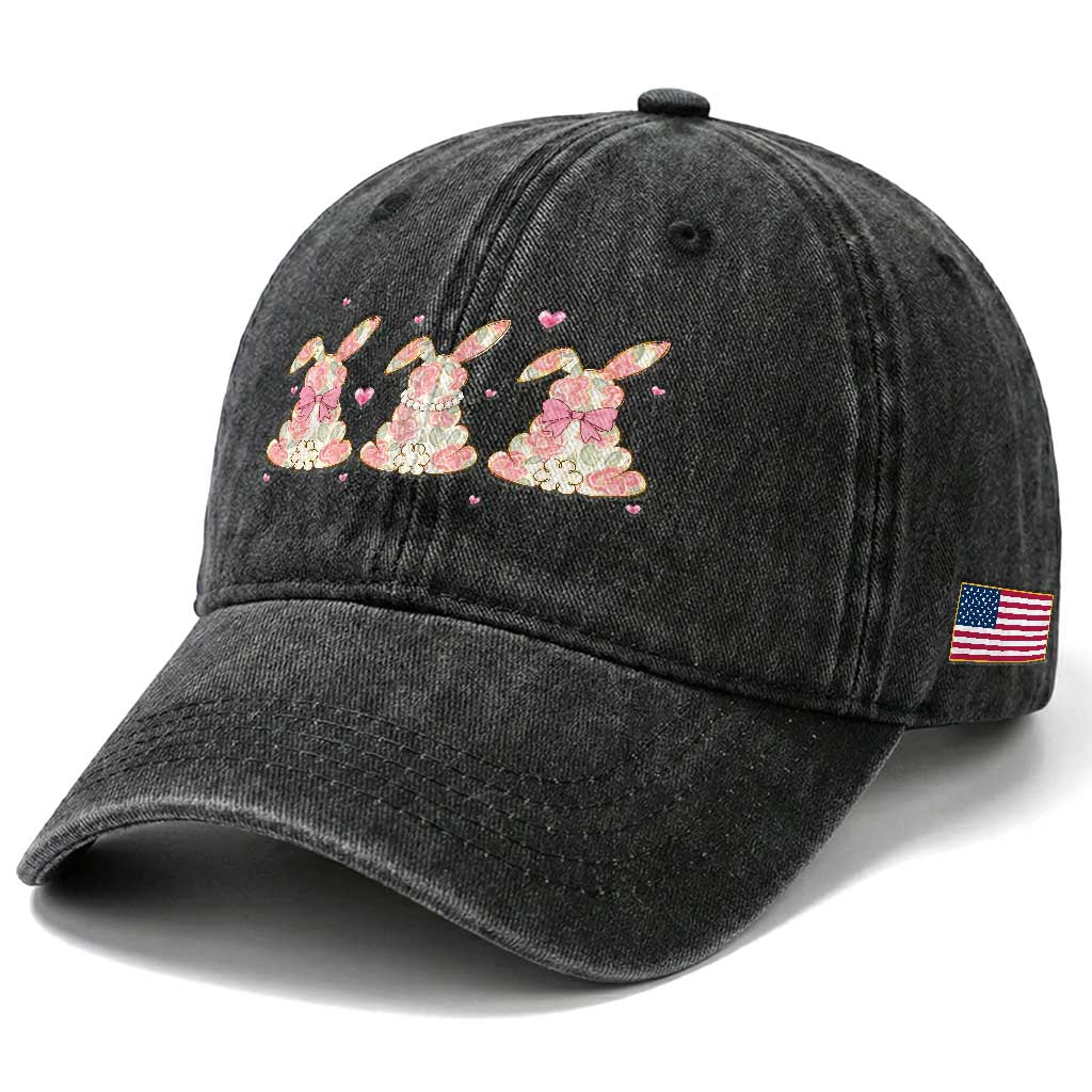 Floral Bunny Easter Washed Cotton Baseball Cap Shabby Chic Rose Pattern