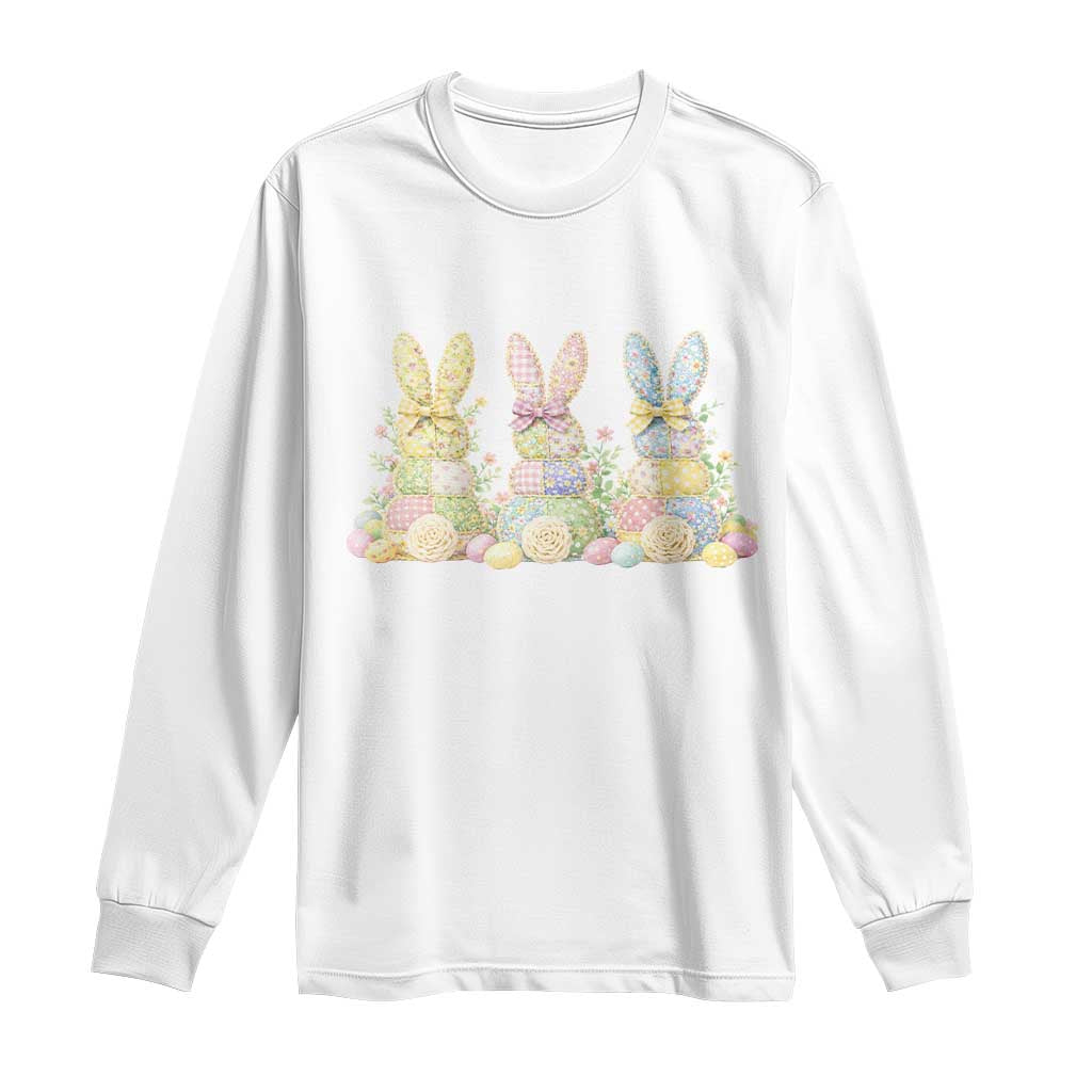 Faux Patchwork Easter Bunny Effect Printed Long Sleeve Shirt Cottagecore Bunny Gift For Women