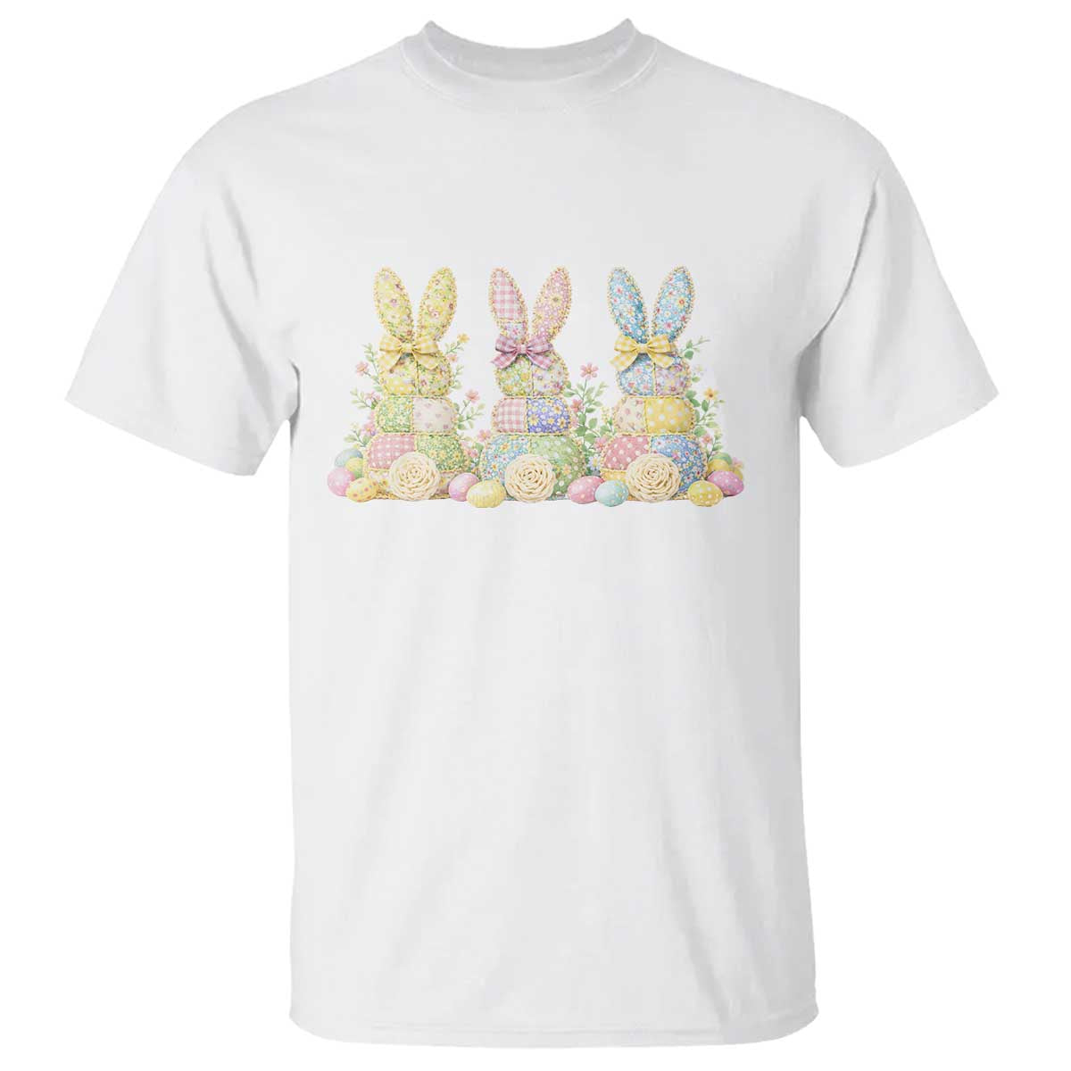 Faux Patchwork Easter Bunny Effect Printed T Shirt Cottagecore Bunny Gift For Women