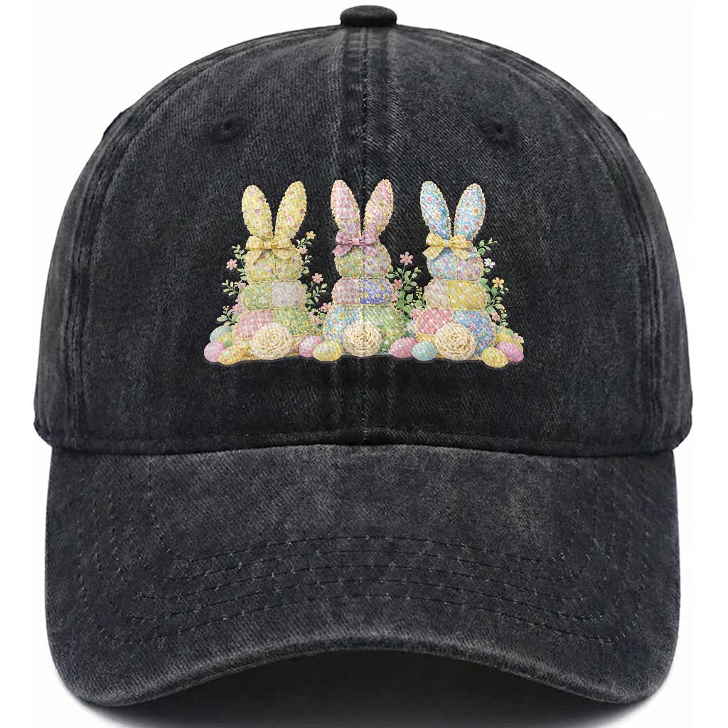 Faux Patchwork Easter Bunny Effect Printed Washed Cotton Baseball Cap Cottagecore Bunny Gift For Women