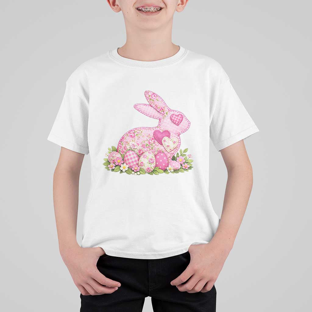 Faux Patchwork Easter Bunny Effect Printed T Shirt For Kid Vintage Cottagecore Floral Bunny Gift