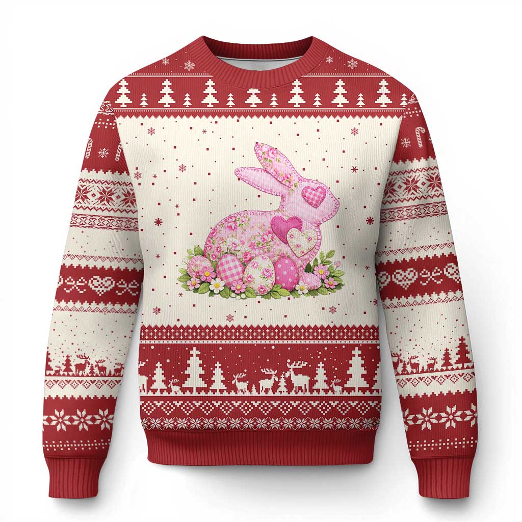 Faux Patchwork Easter Bunny Effect Printed Ugly Christmas Sweater Vintage Cottagecore Floral Bunny Gift