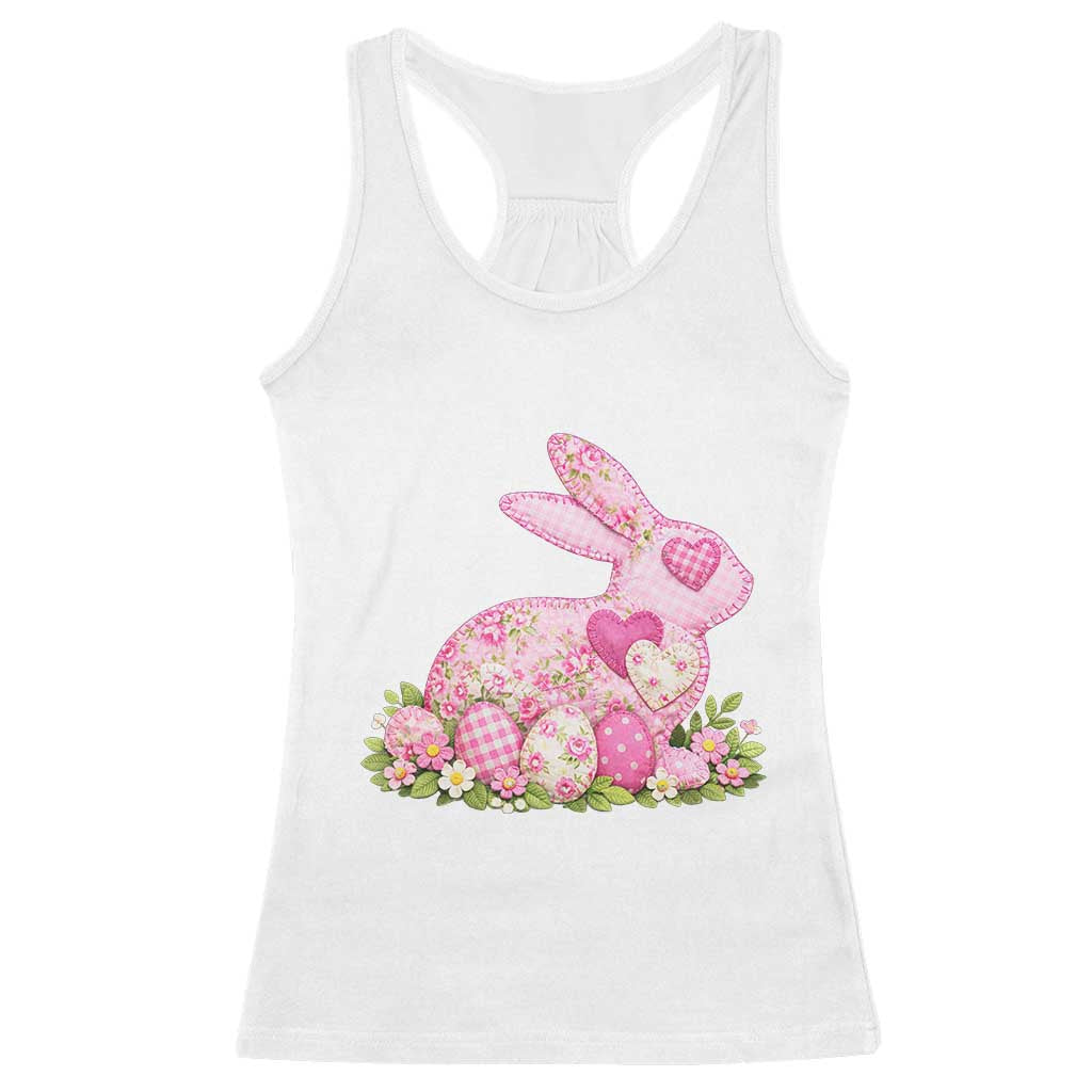 Faux Patchwork Easter Bunny Effect Printed Racerback Tank Top Vintage Cottagecore Floral Bunny Gift