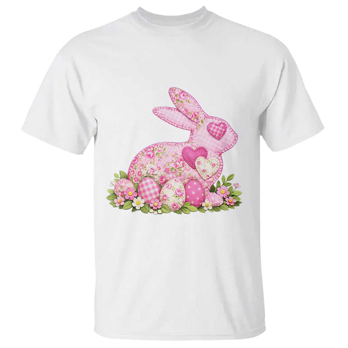 Faux Patchwork Easter Bunny Effect Printed T Shirt Vintage Cottagecore Floral Bunny Gift