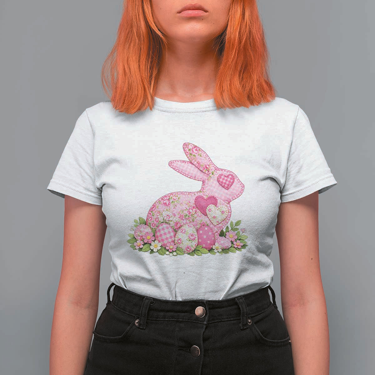 Faux Patchwork Easter Bunny Effect Printed T Shirt For Women Vintage Cottagecore Floral Bunny Gift