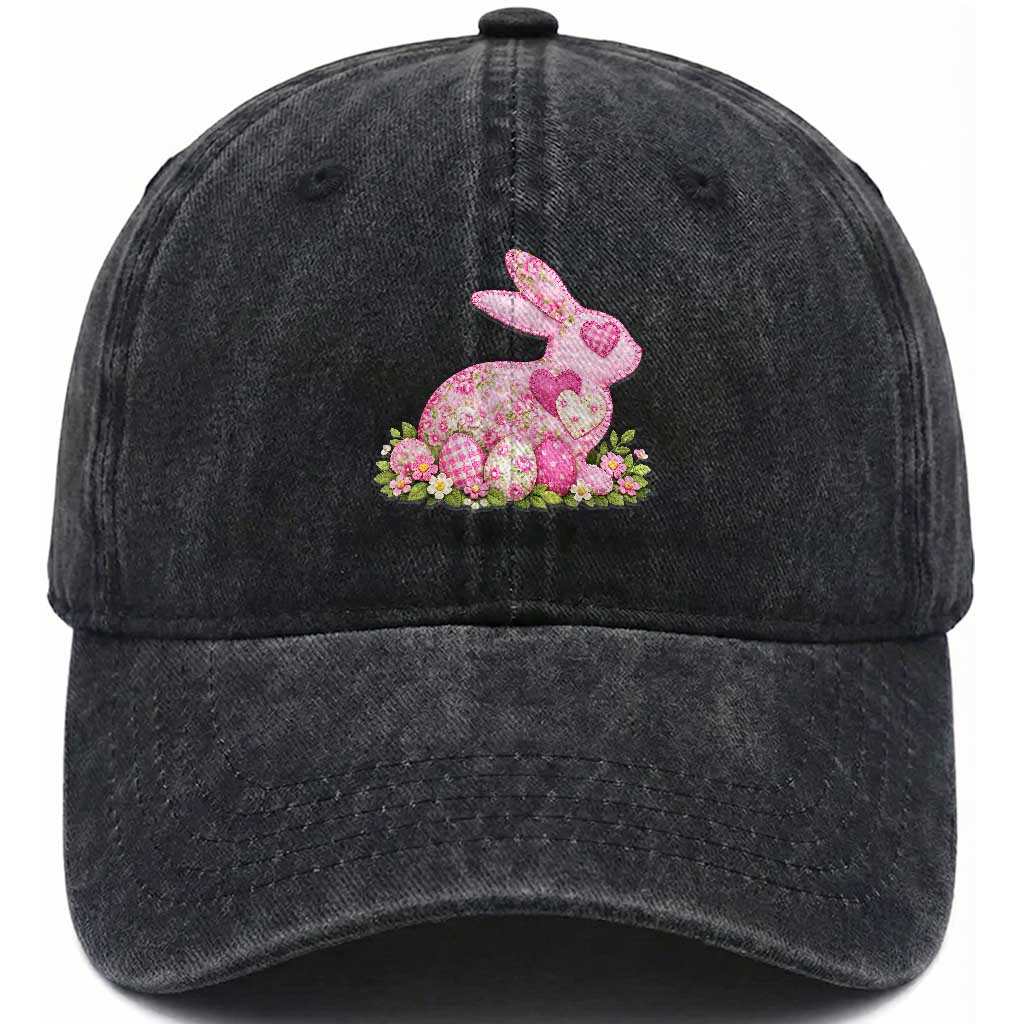 Faux Patchwork Easter Bunny Effect Printed Washed Cotton Baseball Cap Vintage Cottagecore Floral Bunny Gift