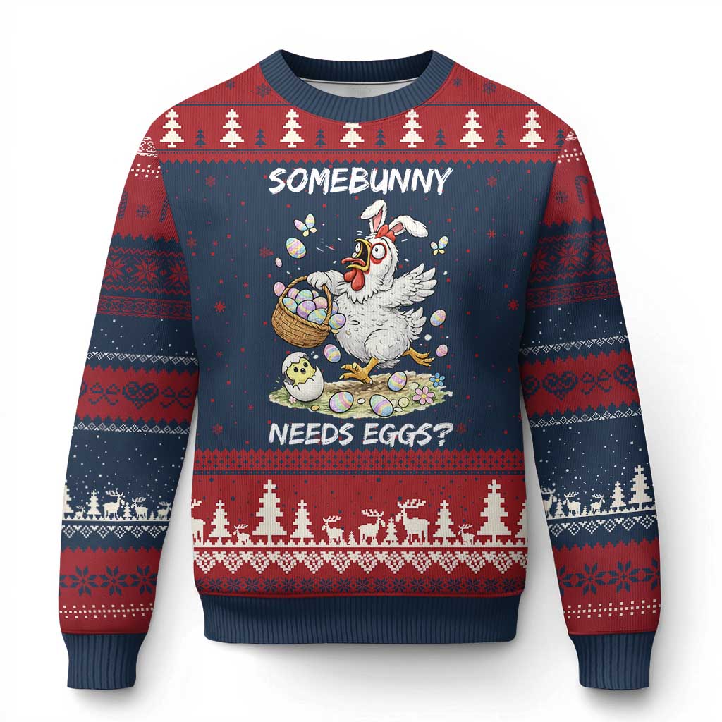 Funny Easter Chicken Bunny Ears Ugly Christmas Sweater Somebunny Needs Eggs