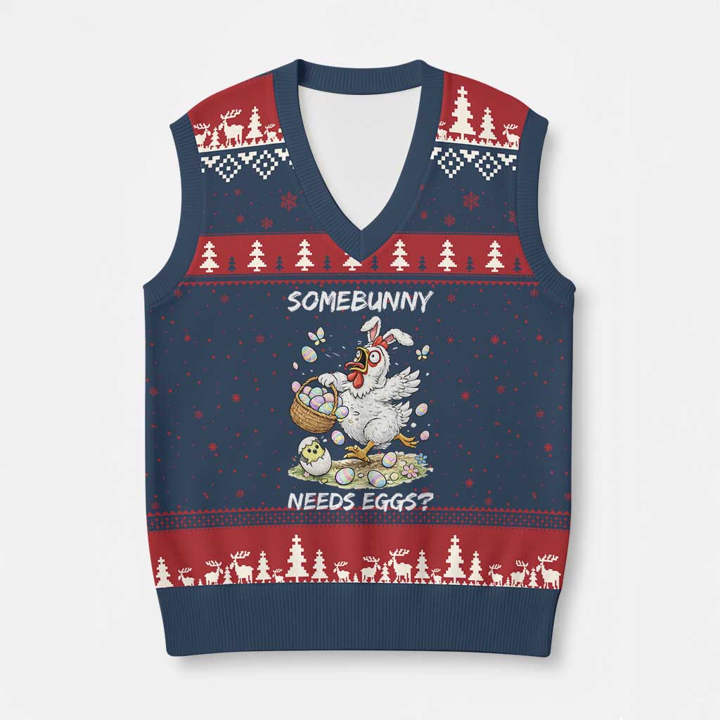 Funny Easter Chicken Bunny Ears V-Neck Knit Sweater Vest Somebunny Needs Eggs