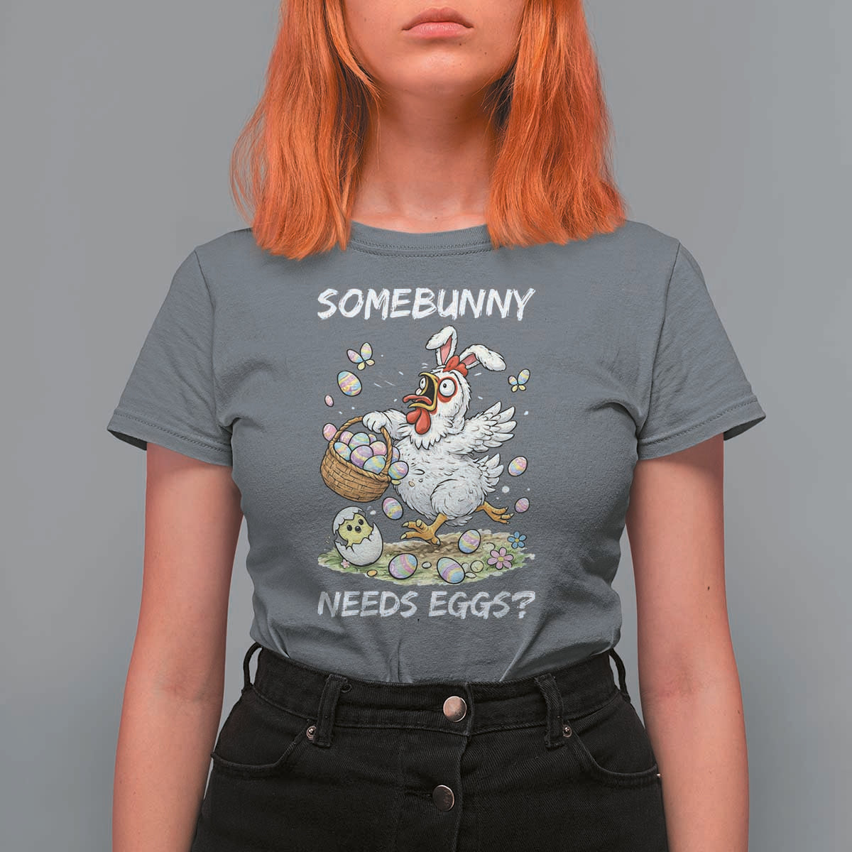 Funny Easter Chicken Bunny Ears T Shirt For Women Somebunny Needs Eggs