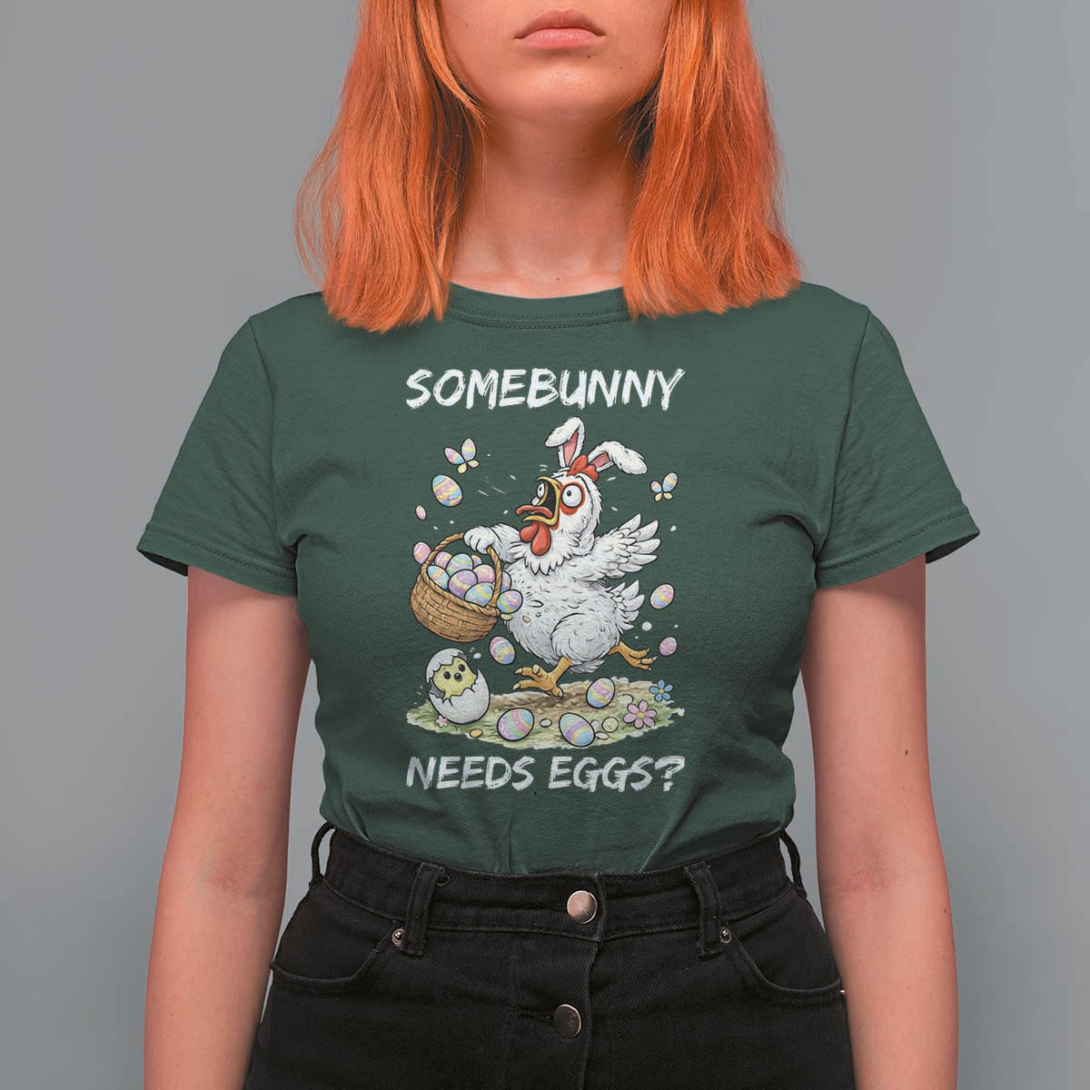 Funny Easter Chicken Bunny Ears T Shirt For Women Somebunny Needs Eggs