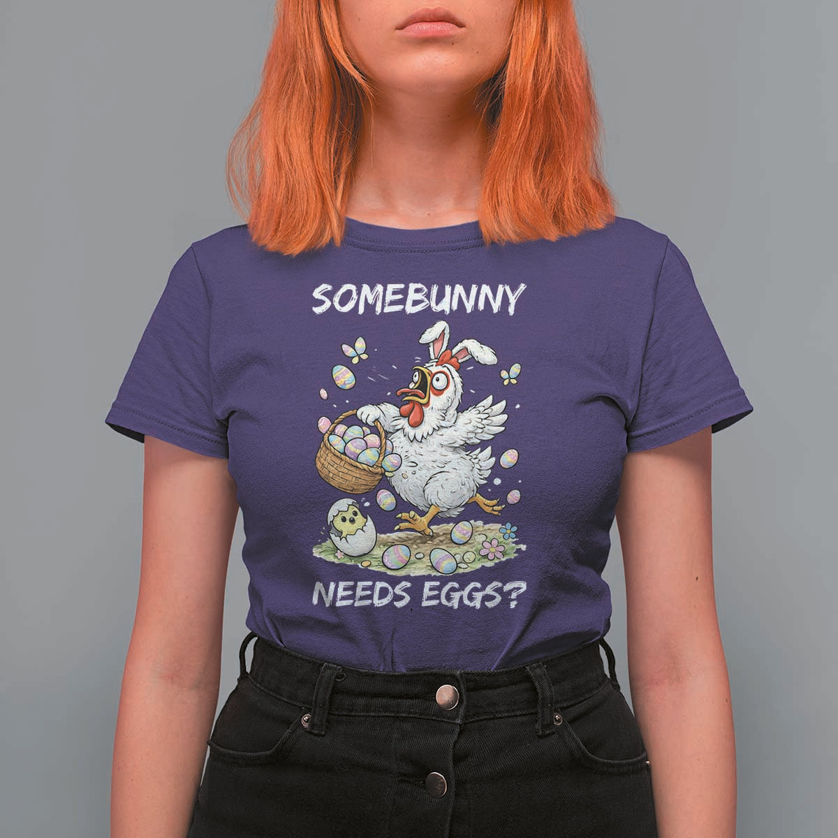 Funny Easter Chicken Bunny Ears T Shirt For Women Somebunny Needs Eggs