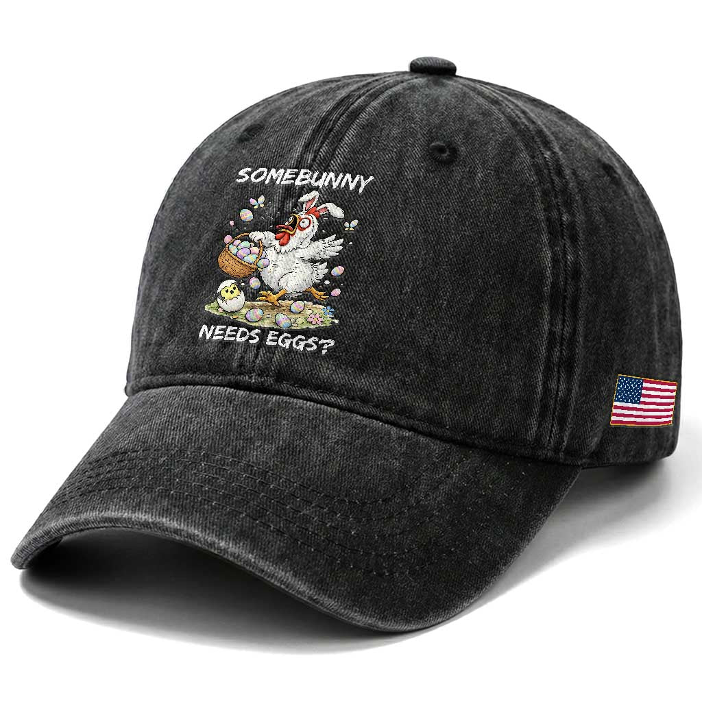 Funny Easter Chicken Bunny Ears Washed Cotton Baseball Cap Somebunny Needs Eggs