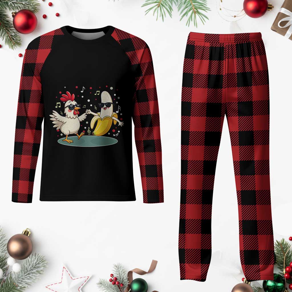 Funny Banana Chicken Dance Plaid Pajama Set Chaos Dance Meme Graphic