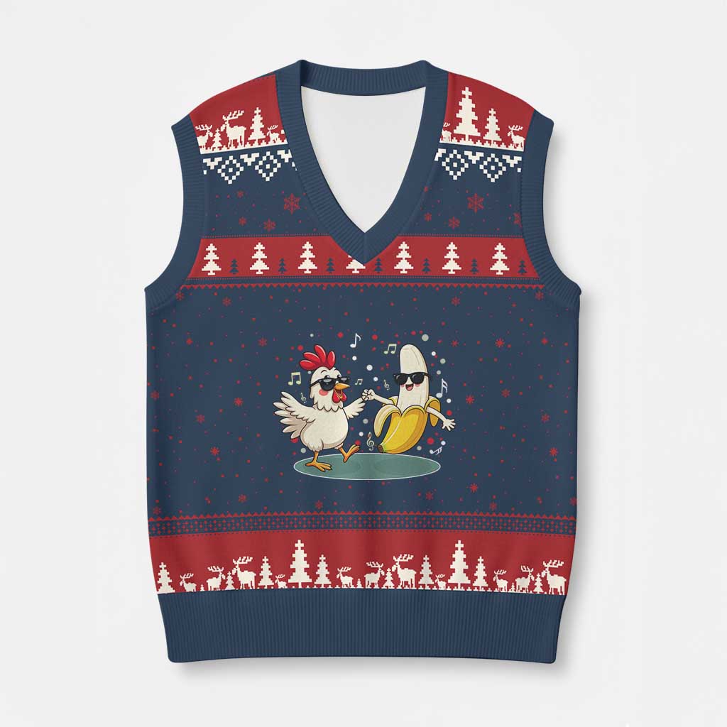 Funny Banana Chicken Dance V-Neck Knit Sweater Vest Chaos Dance Meme Graphic