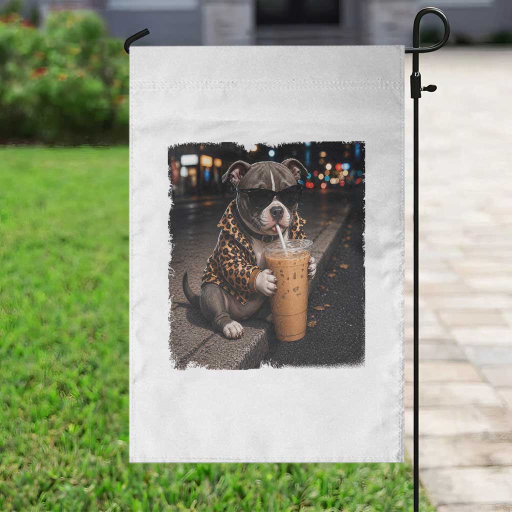 Funny Pitbull Drinking Coffee Garden Flag Dog Meme Caffeine Graphic