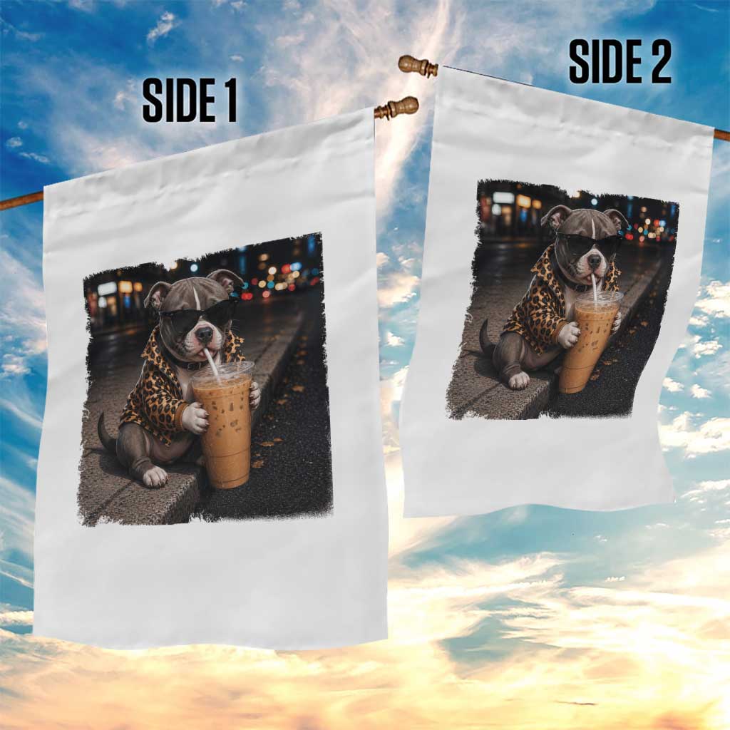 Funny Pitbull Drinking Coffee Garden Flag Dog Meme Caffeine Graphic