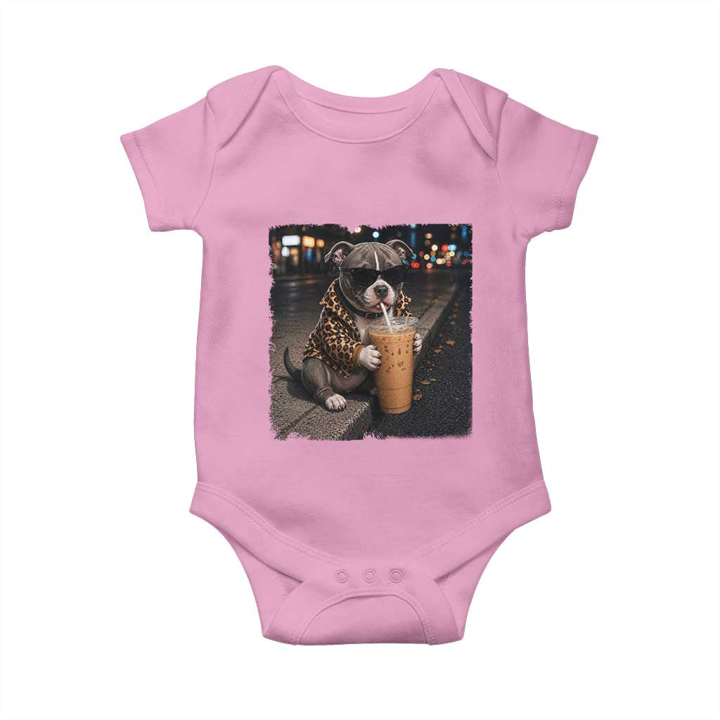 Funny Pitbull Drinking Coffee Baby Onesie Dog Meme Caffeine Graphic