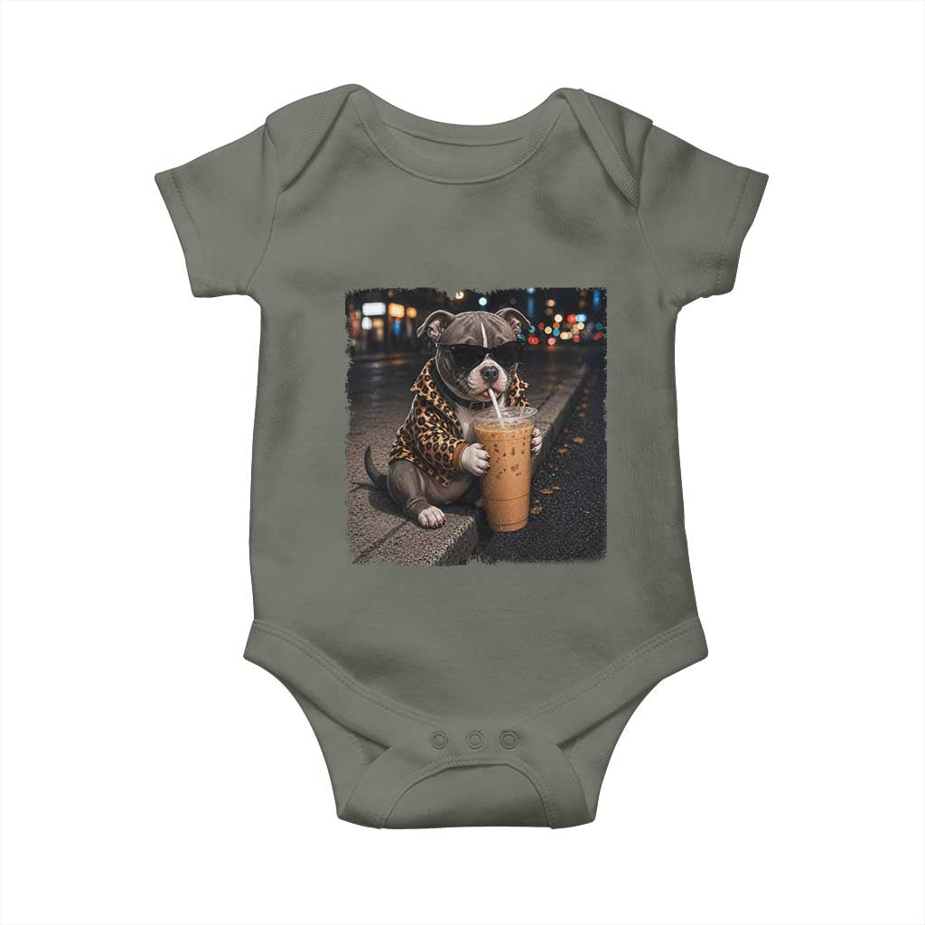 Funny Pitbull Drinking Coffee Baby Onesie Dog Meme Caffeine Graphic