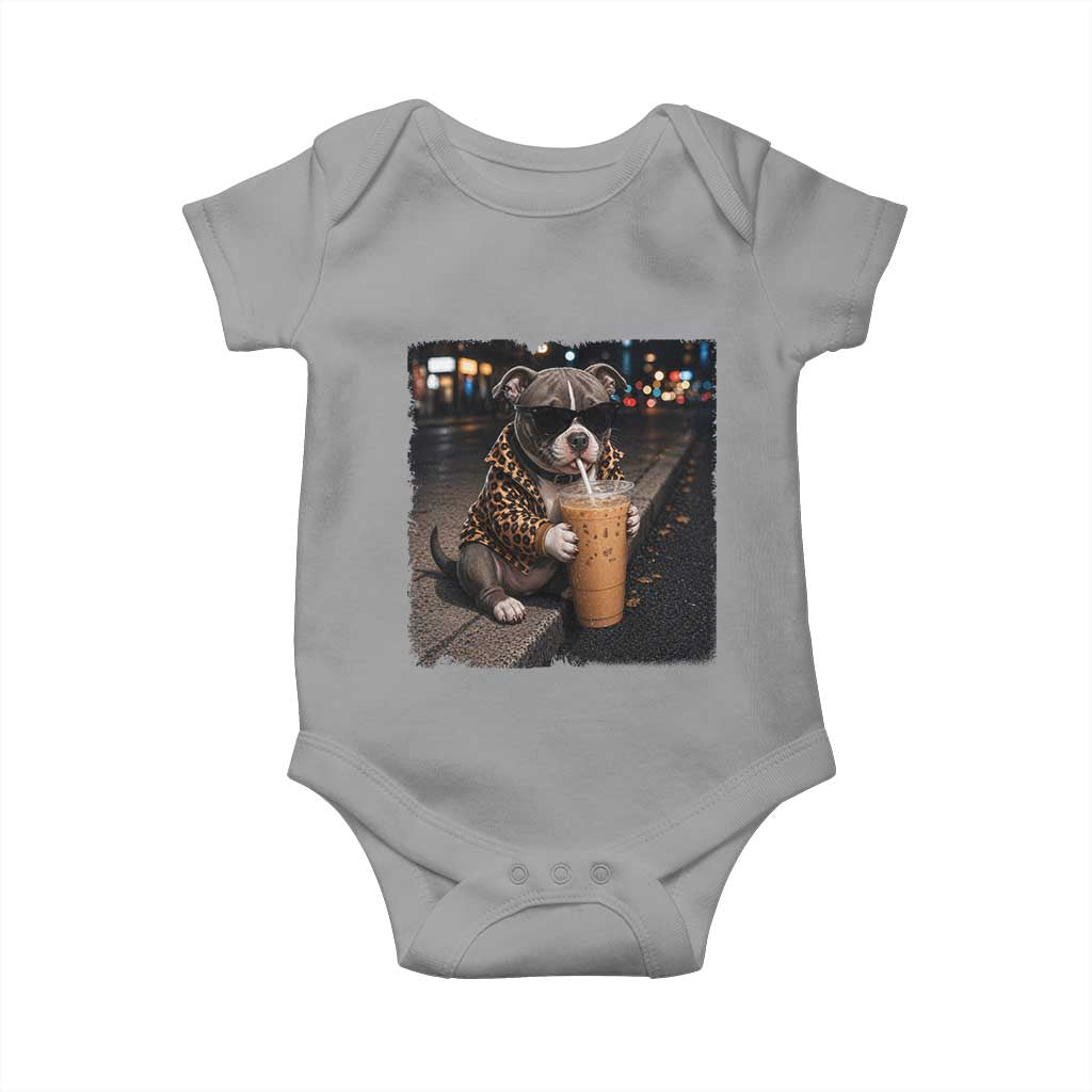 Funny Pitbull Drinking Coffee Baby Onesie Dog Meme Caffeine Graphic