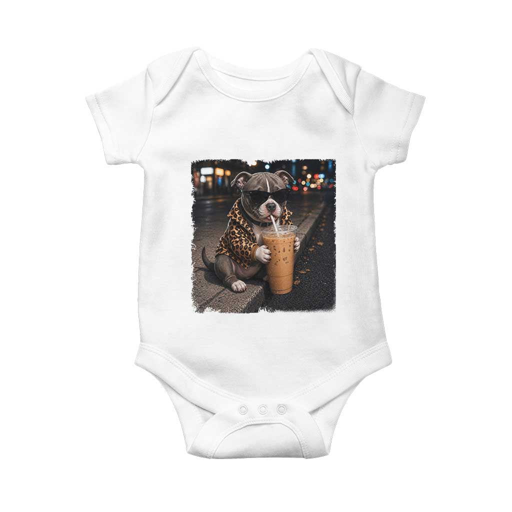 Funny Pitbull Drinking Coffee Baby Onesie Dog Meme Caffeine Graphic