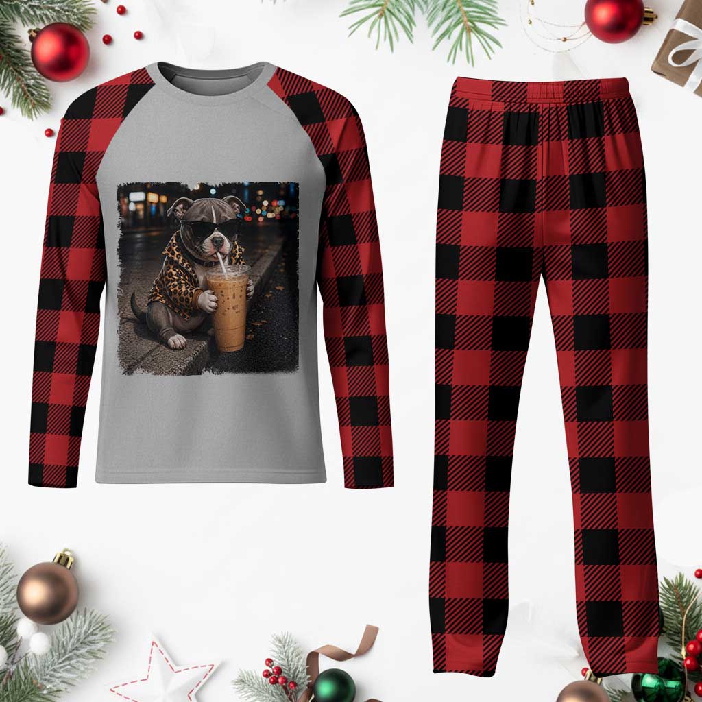 Funny Pitbull Drinking Coffee Plaid Pajama Set Dog Meme Caffeine Graphic