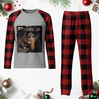 Funny Pitbull Drinking Coffee Plaid Pajama Set Dog Meme Caffeine Graphic