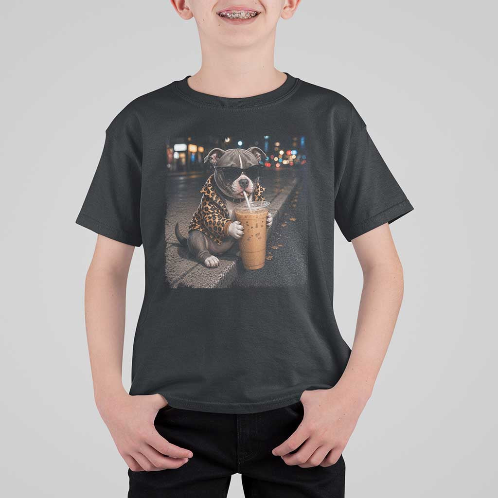 Funny Pitbull Drinking Coffee T Shirt For Kid Dog Meme Caffeine Graphic